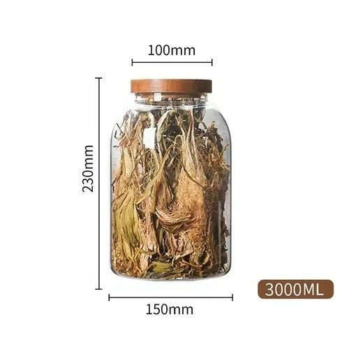 Wood Lid Glass Food Container Tea Coffee Beans Kitchen Storage Bottles