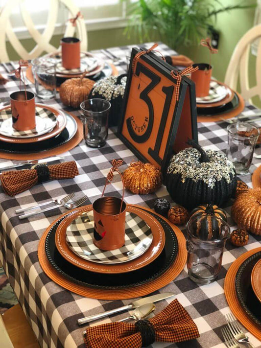 Entertaining made easy. How buffalo check makes the perfect foundation for your holiday tables from Halloween through New Year's Eve..