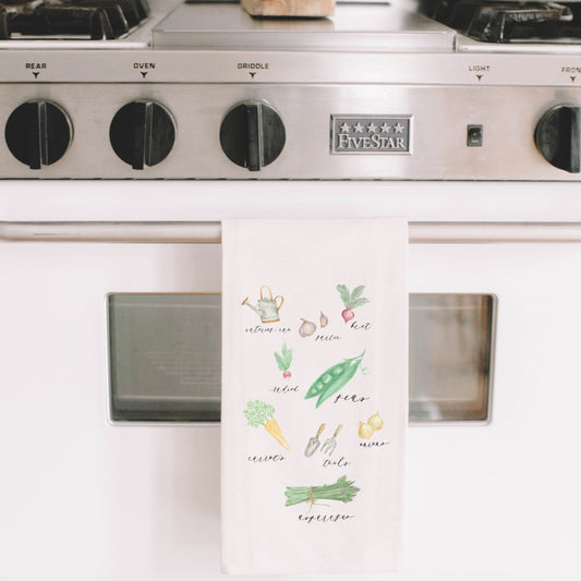 Watercolor Spring Garden Vegetables Tea Towel
