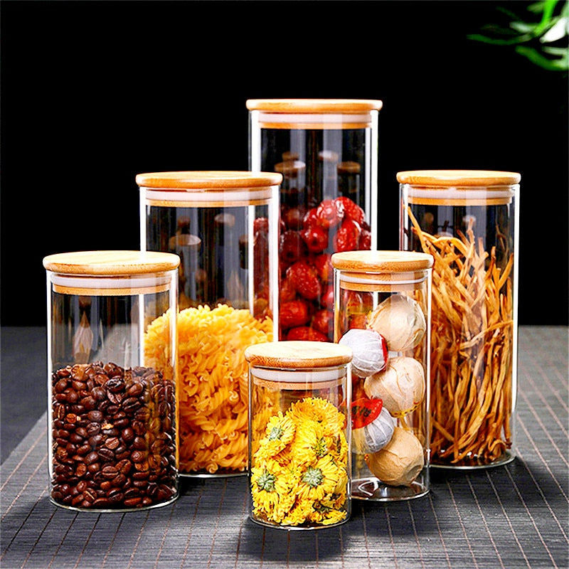 Wood Lid Glass Airtight Canister Kitchen Storage Bottles Jar Sealed