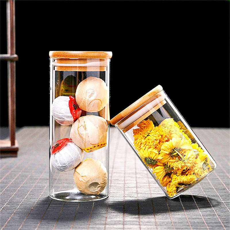 Wood Lid Glass Airtight Canister Kitchen Storage Bottles Jar Sealed