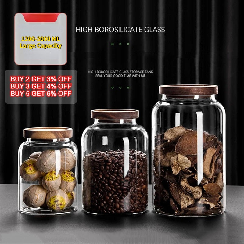 Wood Lid Glass Food Container Tea Coffee Beans Kitchen Storage Bottles
