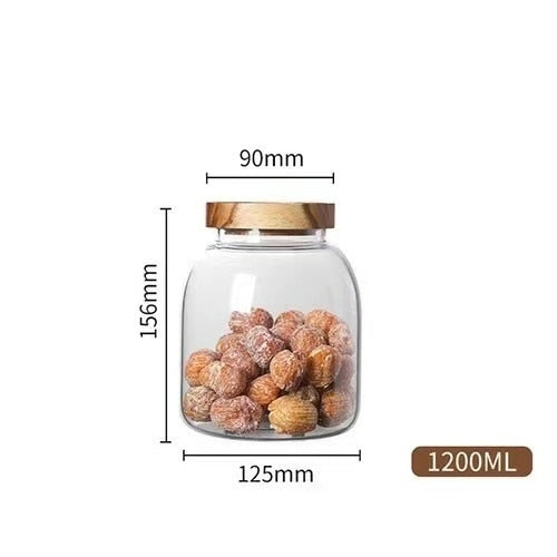 Wood Lid Glass Food Container Tea Coffee Beans Kitchen Storage Bottles