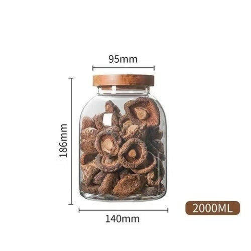 Wood Lid Glass Food Container Tea Coffee Beans Kitchen Storage Bottles