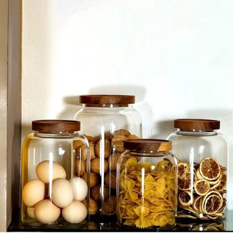 Wood Lid Glass Food Container Tea Coffee Beans Kitchen Storage Bottles