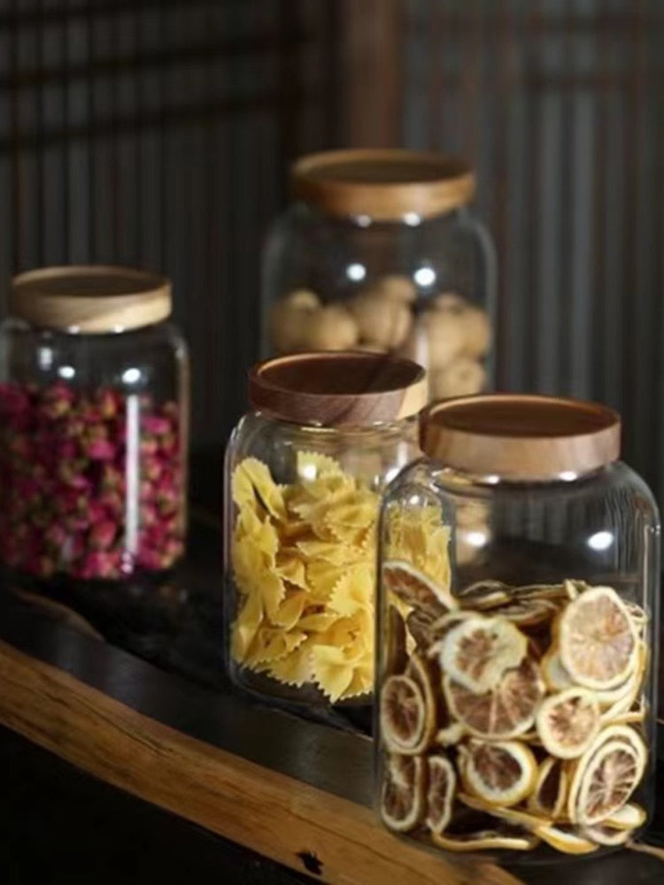 Wood Lid Glass Food Container Tea Coffee Beans Kitchen Storage Bottles