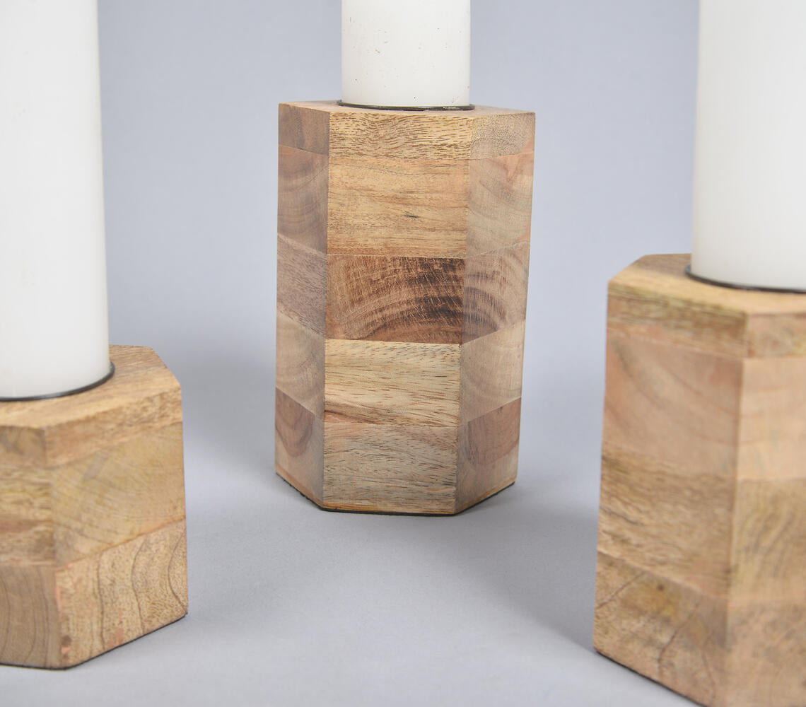 Natural Mango Wood Pillar Candle Holders (Set of 3)